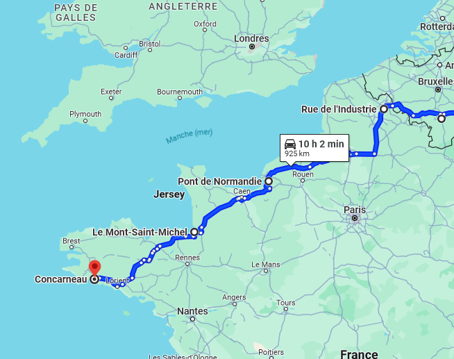Itinéraire approximatif suivi jusqu&rsquo;à la base de Concarneau